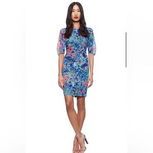WHISTLES Bella Wild Meadow Blue and Pink Floral Mini Dress US 10